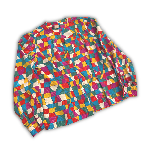 VTG 80?s 90s? Gianna Women's Colorblock Blouse Button Front Polyester Sz 10 READ - Picture 1 of 5